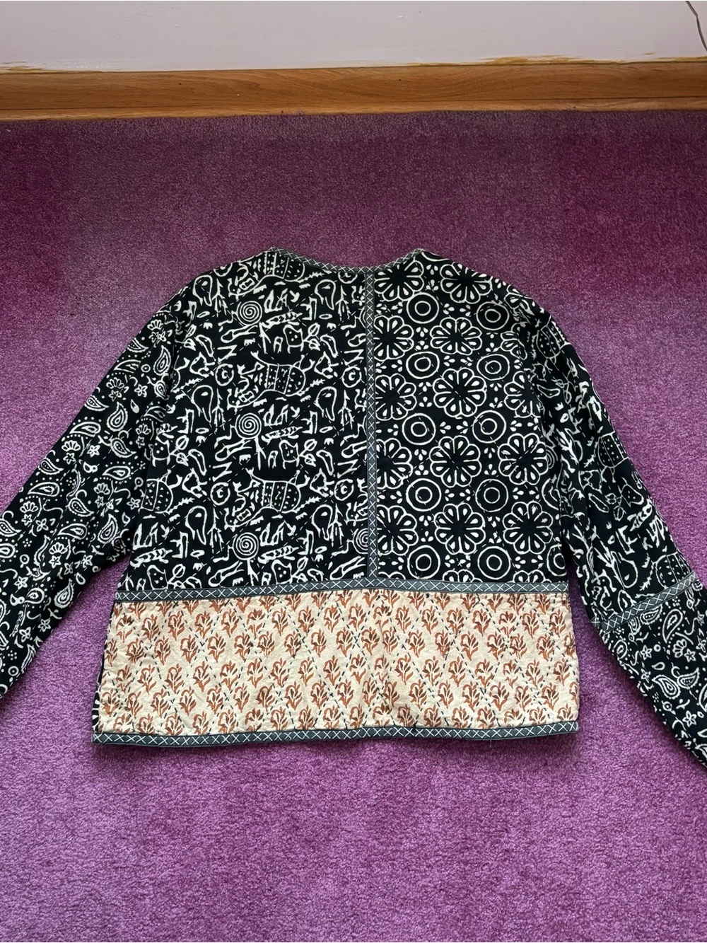 Women’s Patchwork Printed Button-Front Jacket in Black & Cream - Picture 2 of 5